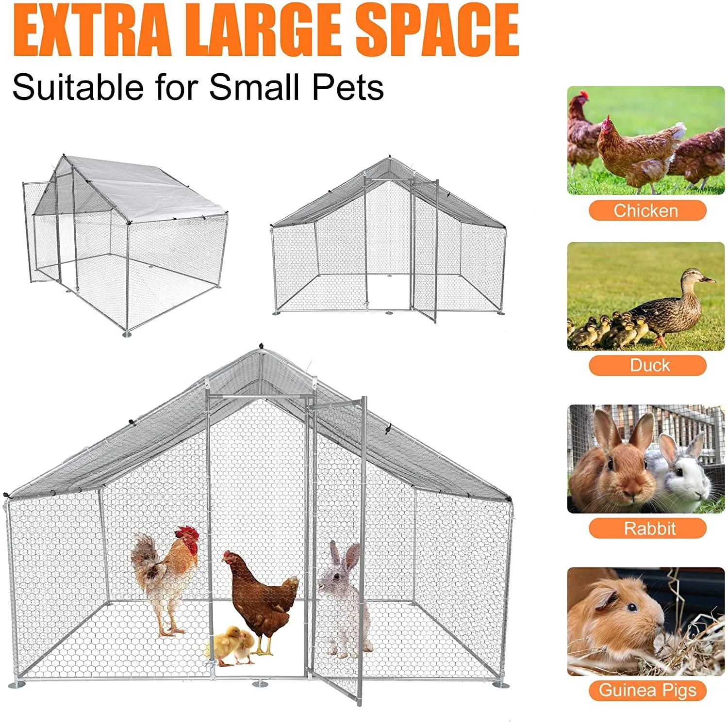 Outdoor Large Metal Chicken Coop 10' x 6.5' x 6.5' Walk-in Poultry Cage Backyard Hen House with Chicken Run Cover