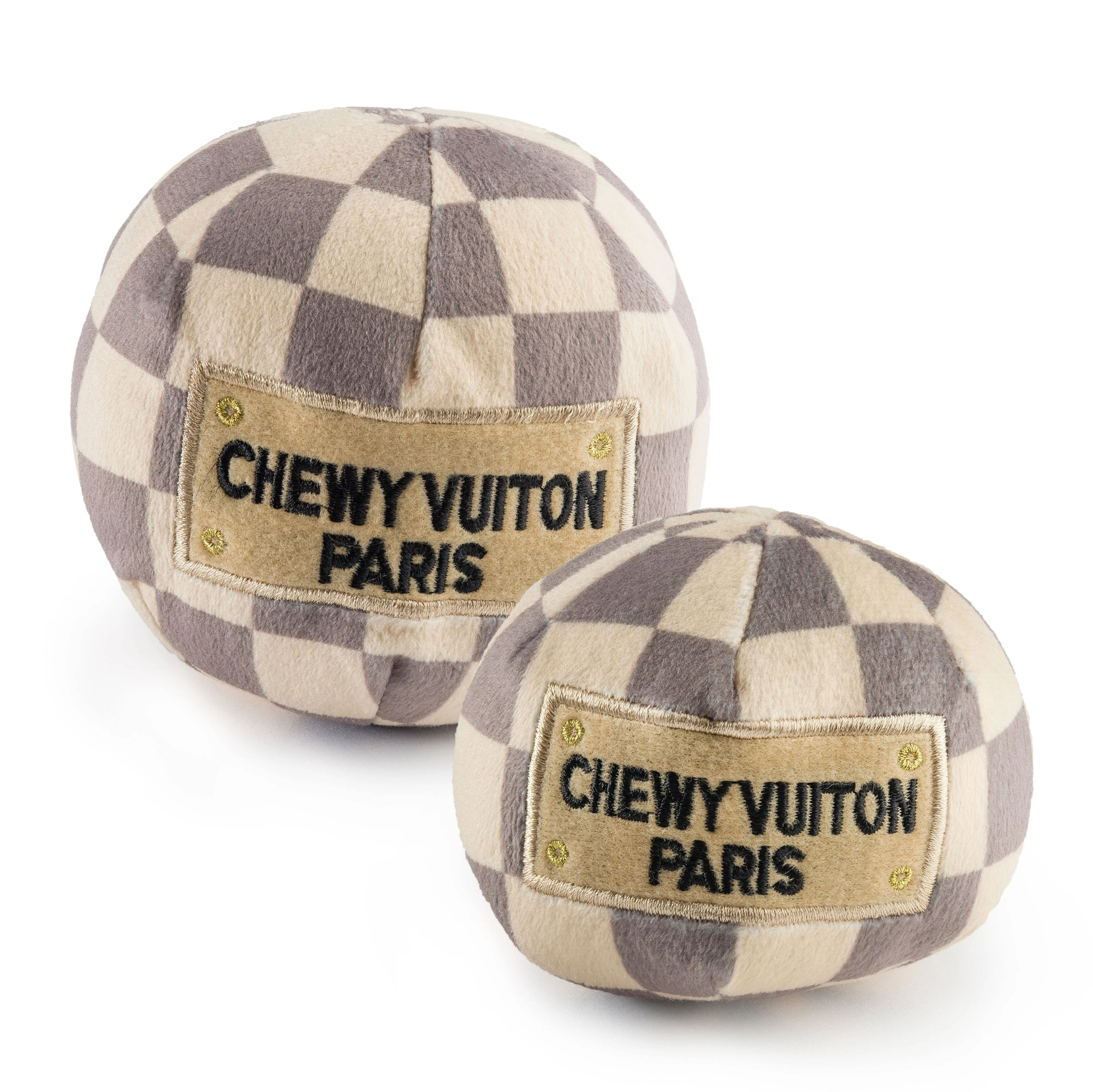 Plush Parody Pet Chew Toy Checker Chewy Vuiton Ball for Dogs Squeaker Inside